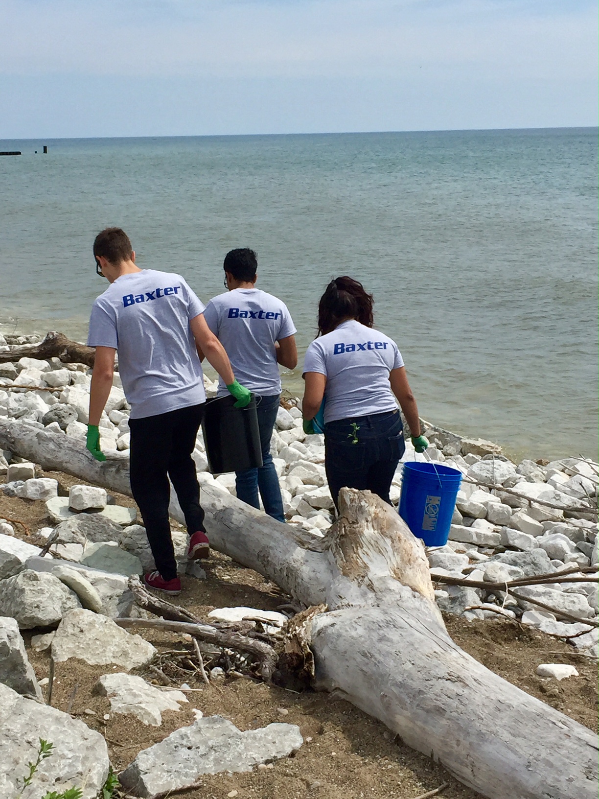 Baxter employees clean up a beach